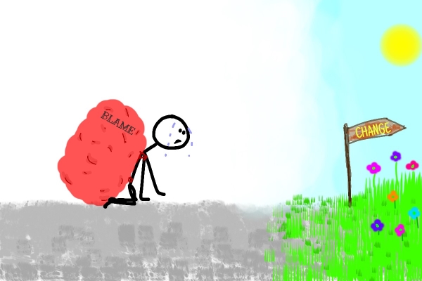 Stick man with bin on his back weighing him down