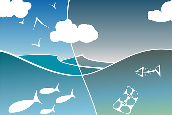 graphic representing sea and earth environment for The Positive Psychology People blog on litter