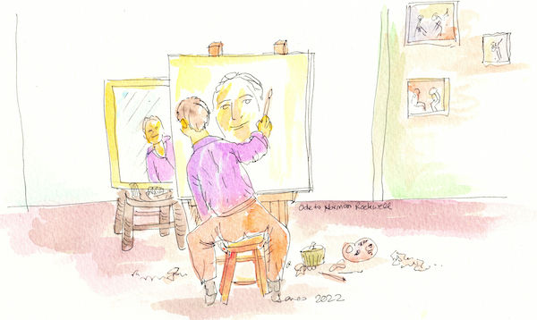 drawn image of person doing self portrait looking in the mirror