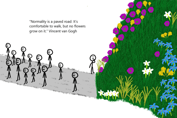 Hand drawn picture of crowd with one person going towards flowers