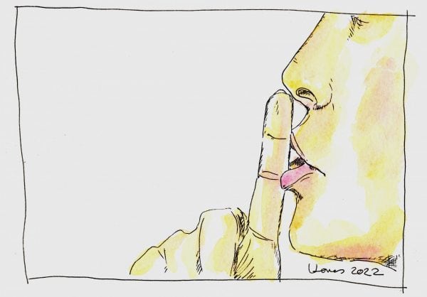 hand drawing of man saying 'shhh'